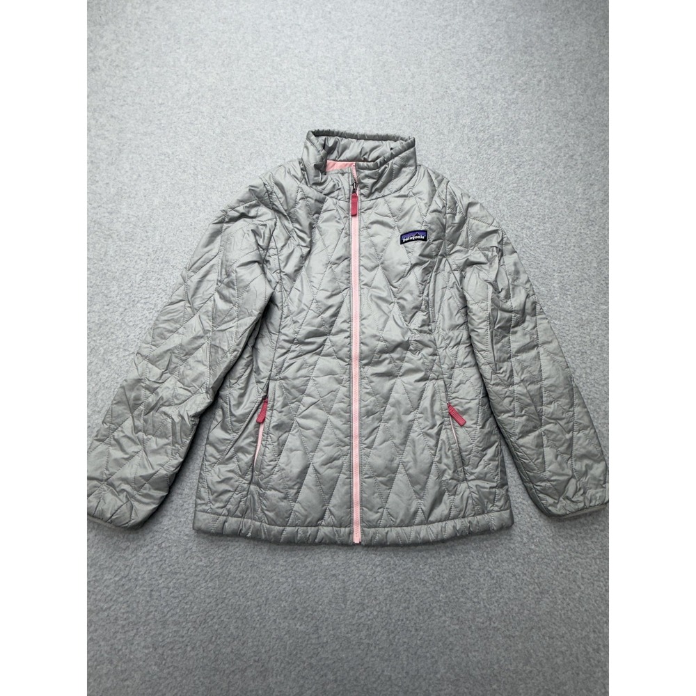 Patagonia Quilted Jacket Kids 12 Gray PrimaLoft Insulated Full Zip Pink Outdoor